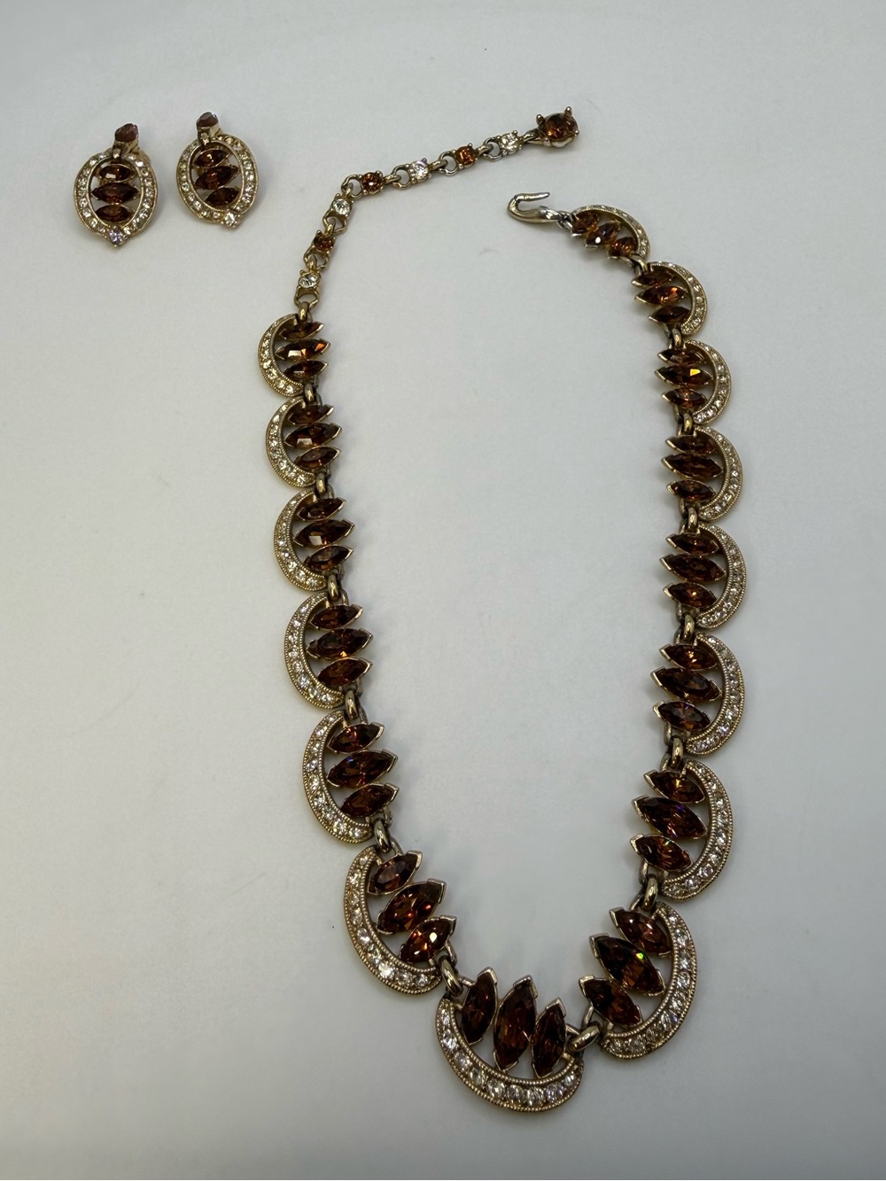 Vintage BOGOFF Topaz Rhinestone Necklace & Clip Earring Set Gold Tone 16”
